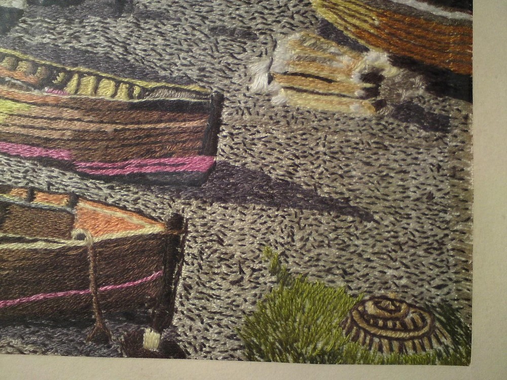 Framed Embroidery Needlework / Wool-work Picture - Beer Harbour, Seaton Devon