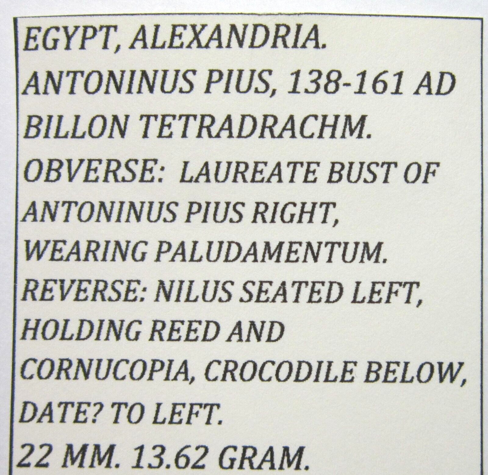 EGYPT, ALEXANDRIA, BILLON TETRADRACHM. ANTONINUS PIUS 138-161 AD. NILUS REVERSE.