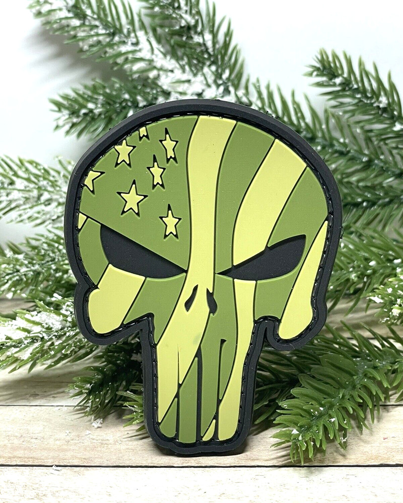 Punisher PVC Patch - Tactical Morale Patch - Green USA Flag Patch - Hook Back