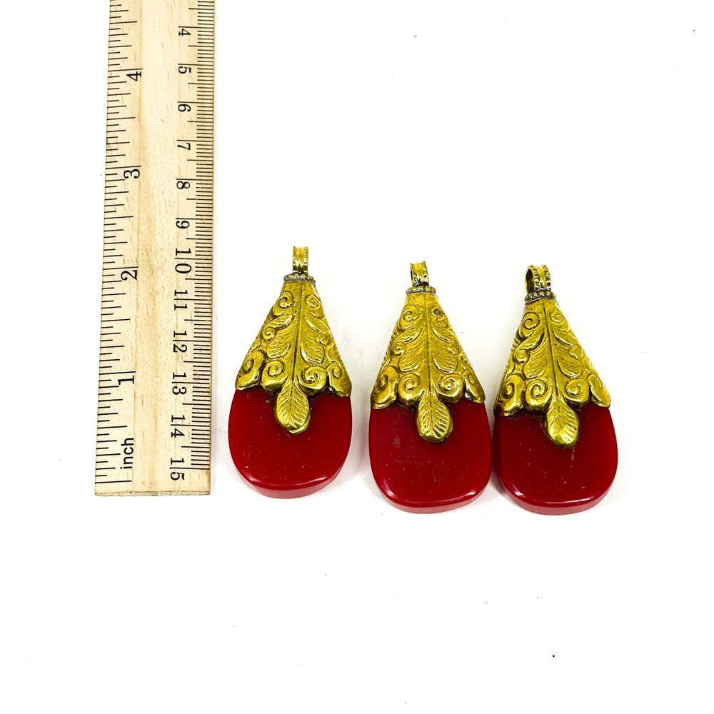 3 Red Tibetan Brass Repousse Pendants