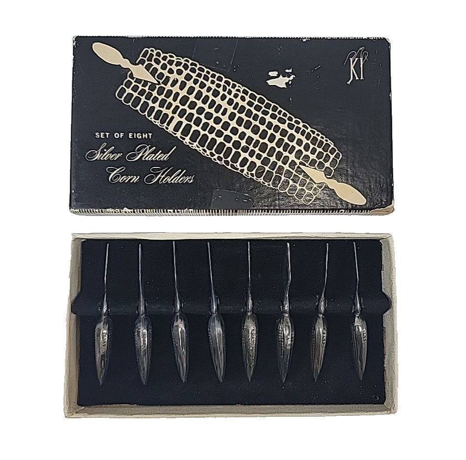 Vintage KI Set of 8 Silver-Plated Corn Holders Corn Cob Original Box