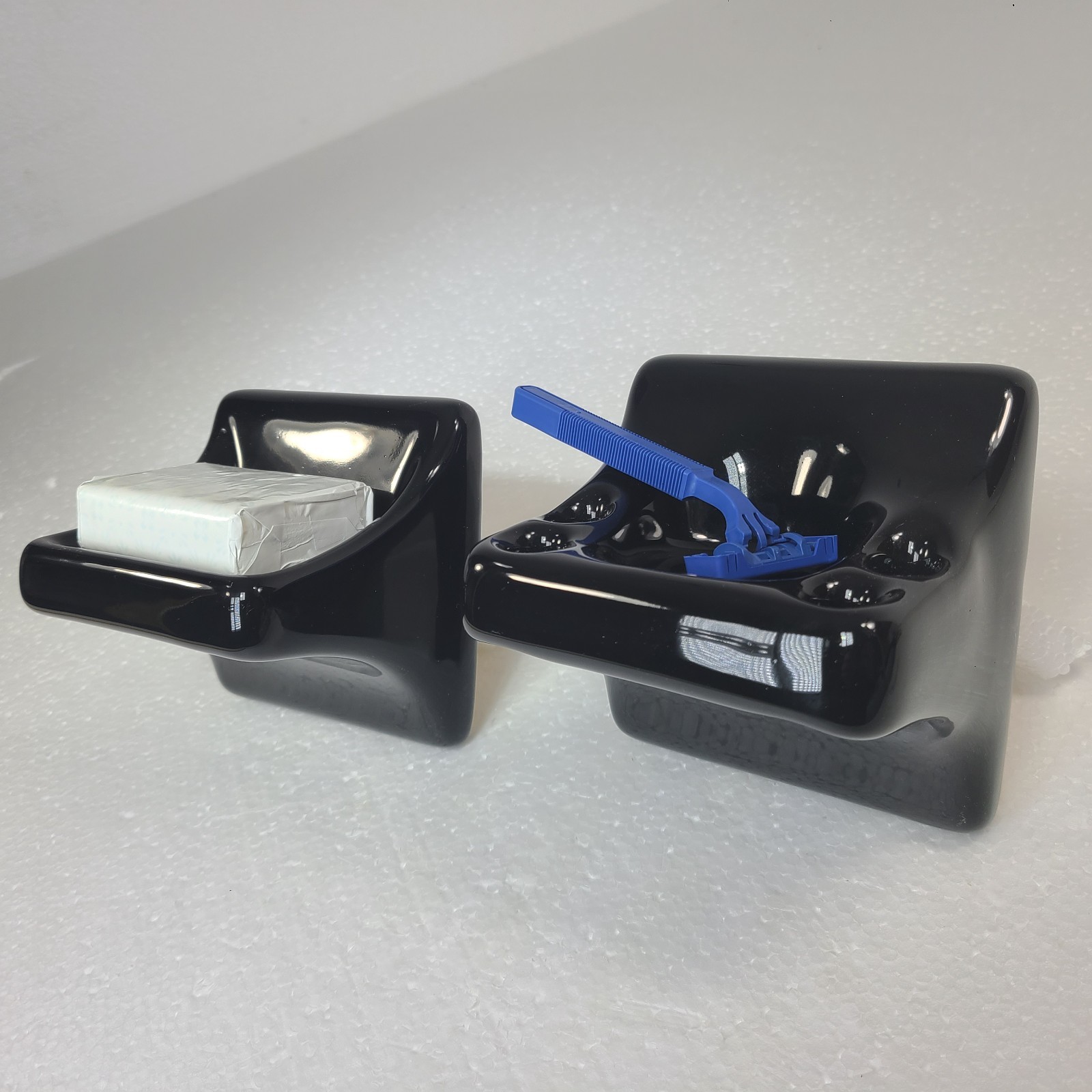 Vintage Black Ceramic Tile Soap Dish Tumbler Cup Tray Toothbrush Holder Set