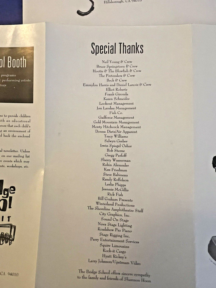 9th Bridge School Benefit - Handbill Progam Neil Young Springsteen 1995