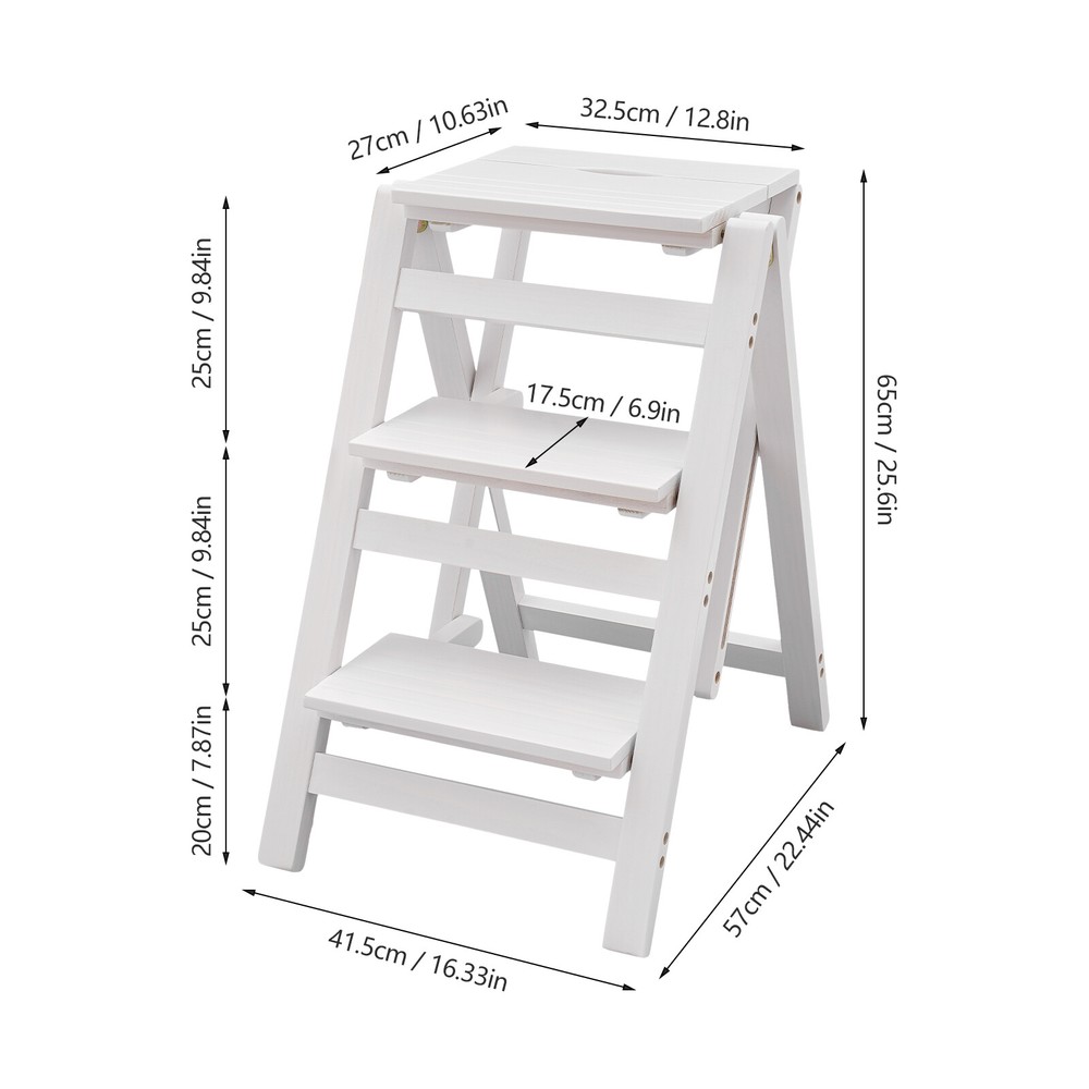 3-layer Folding Step Ladder Folding Wooden Step Stool Not Require Assembly White