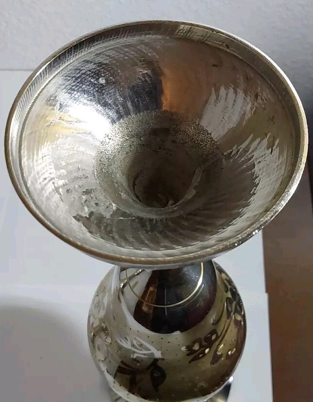 Vtg Middle Eastern Silver over Brass Vase Etched Engraved Set-Nice Shape 11.5 "