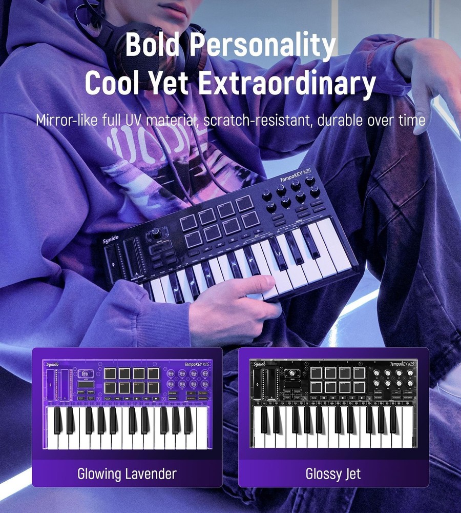 USB C MIDI Keyboard Controller 25 Keys with 8 Backlit Drum Pads, OLED Screen,...