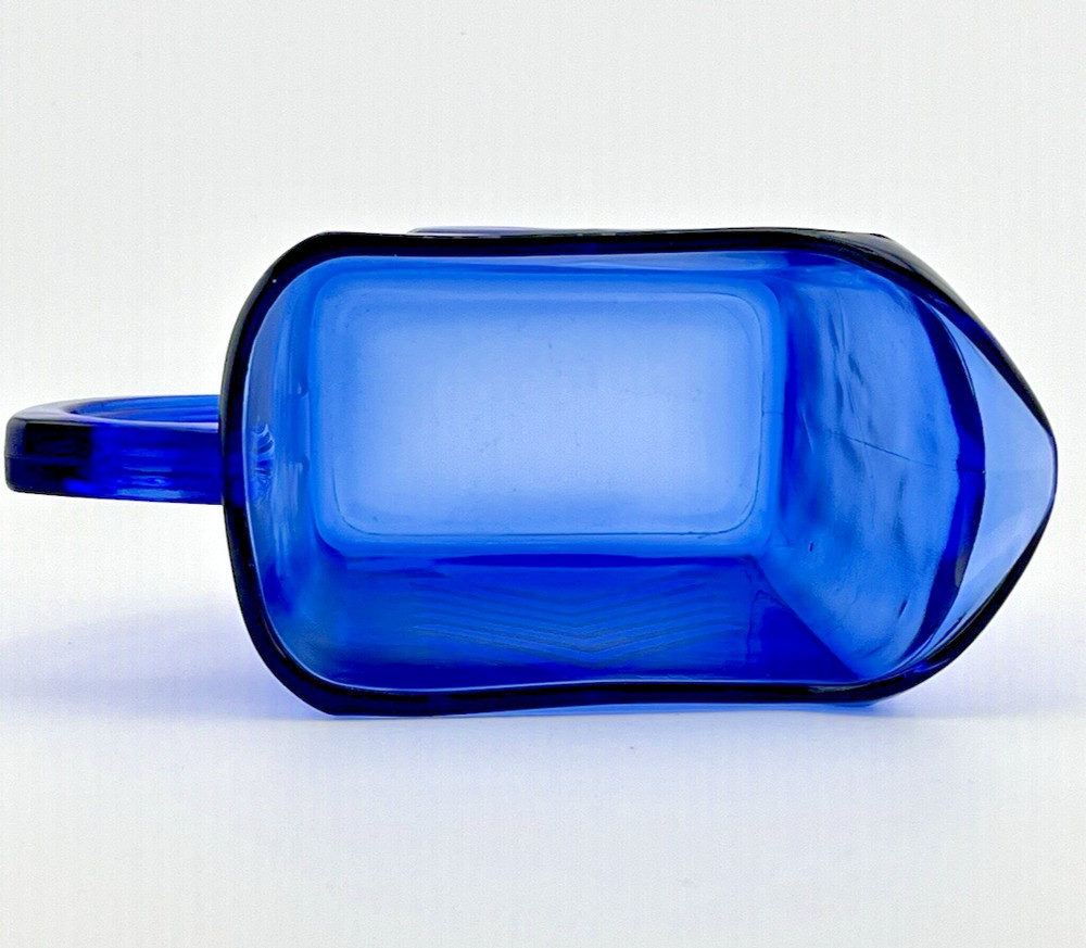 Vintage Cobalt Blue Glass Rectangular Cup with Handle Chevron Design MINT