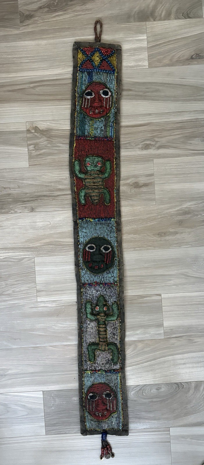 Yoruba Diviners Beaded Sash Nigeria Raised Beadwork Lizards Hanging Art 56” Vtg