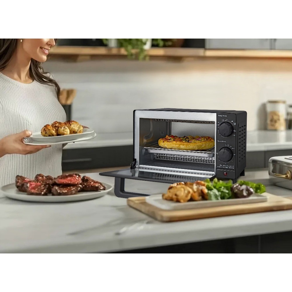 4-Slice Toaster Oven with Bake Function, Includes Baking Rack and Pan, Black,