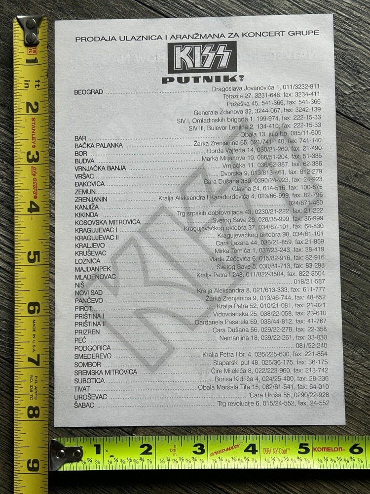 KISS Handbill Concert Ad Flyer Reunion Tour Yugoslavia Jun 4 1997 Vintage Kiss A