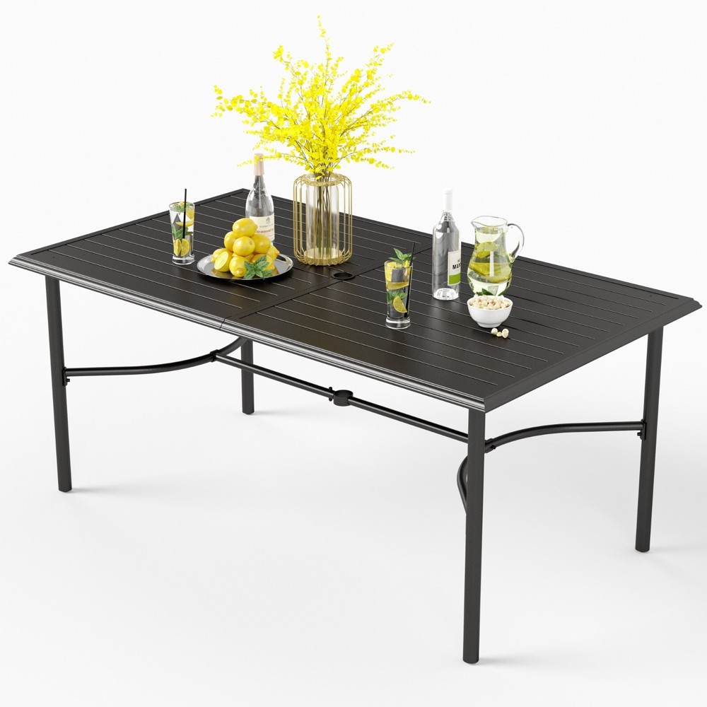 Patio Dining Table Rectangular Outdoor Table with Umbrella Hole for 6 Person