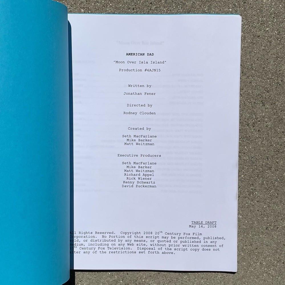 American Dad Rachael Macfarlane 2008 Isla Island Production Table Draft Script