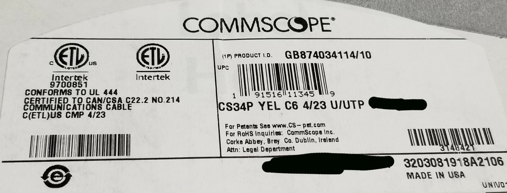 Commscope CS34P 23/4P Cat6 U/UTP WebTrak Plenum CMP Network Cable Yellow /100ft