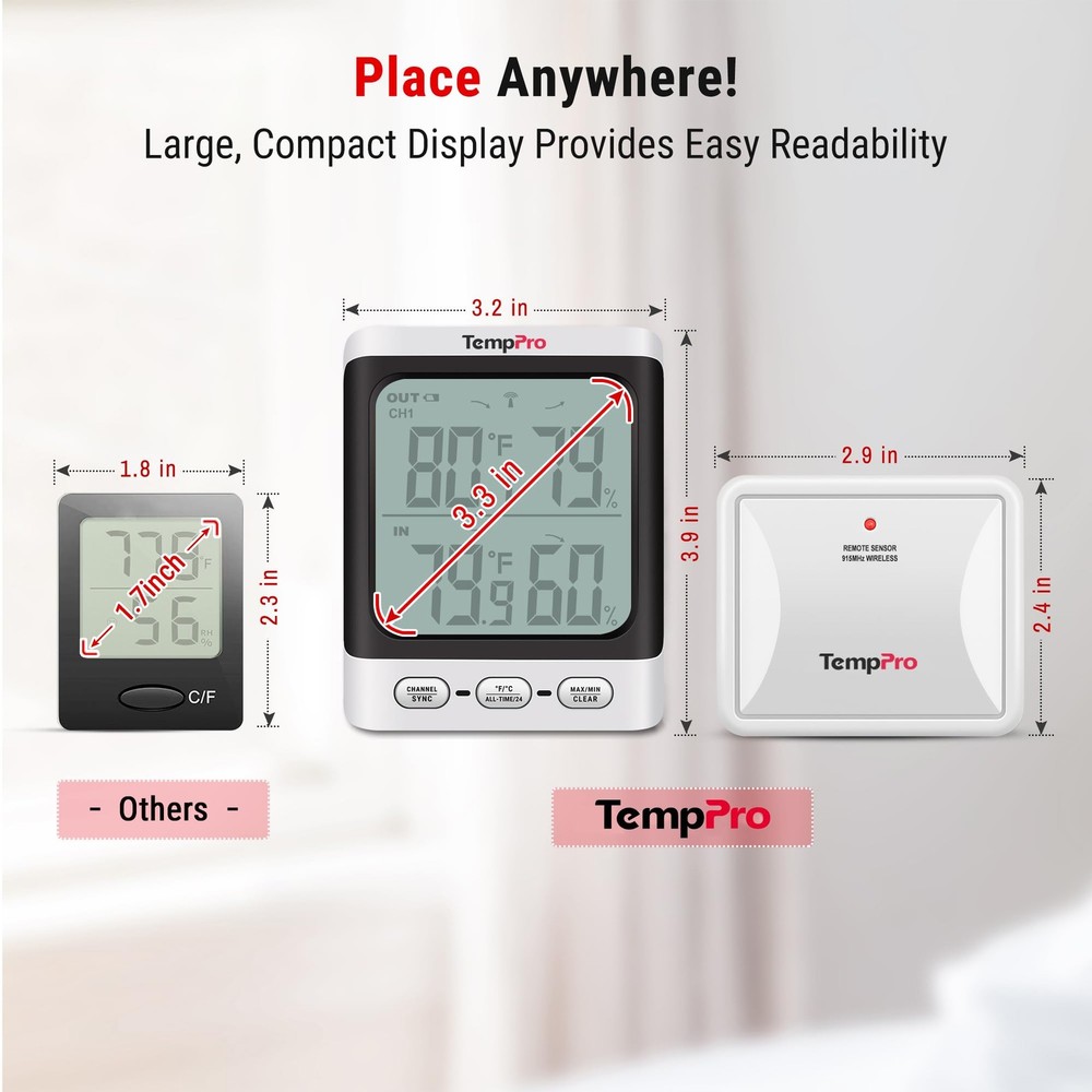 Wireless Outdoor Thermometer 500 ft Range - Waterproof Cold-Resistant Sensor