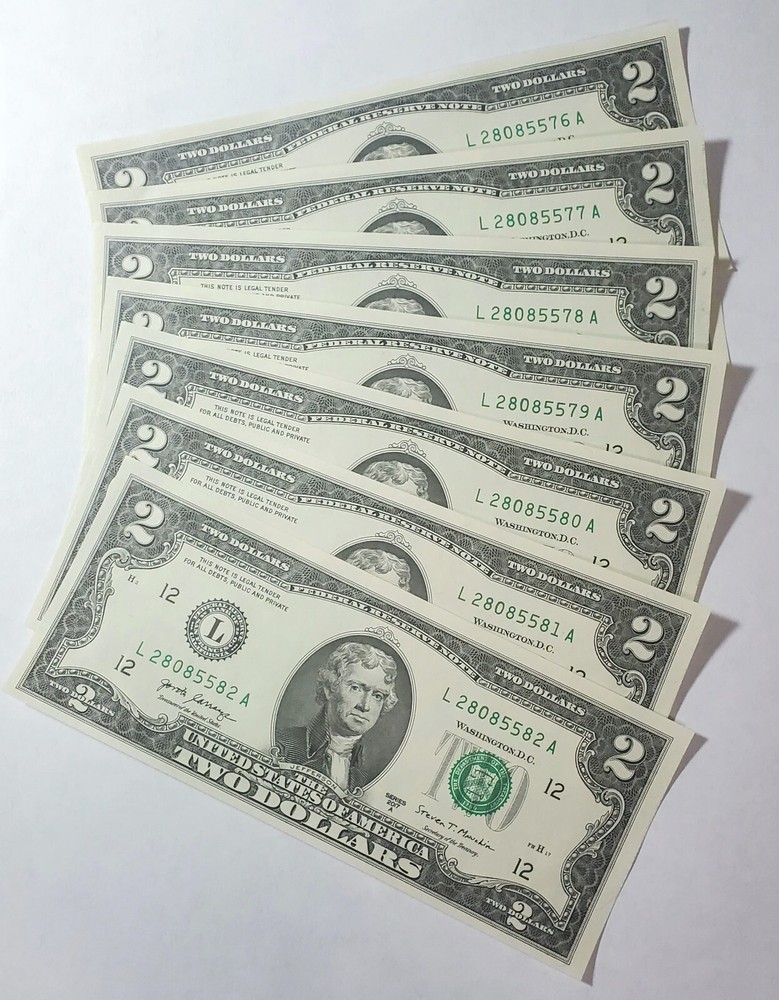 ⭐ "Seven Pack" Uncirculated/Sequential 2017 Two Dollar Bills ** Collector Grade