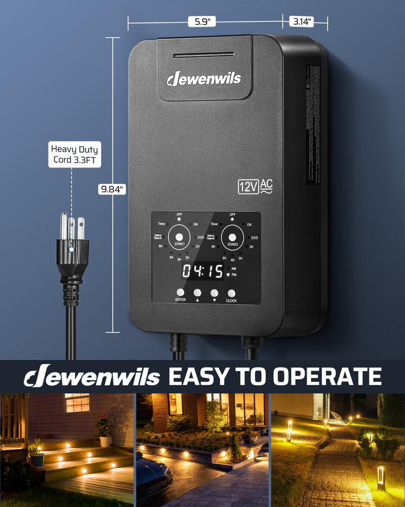 DEWENWILS 200W Low Voltage Landscape Transformer 2 Zone Timer Photocell