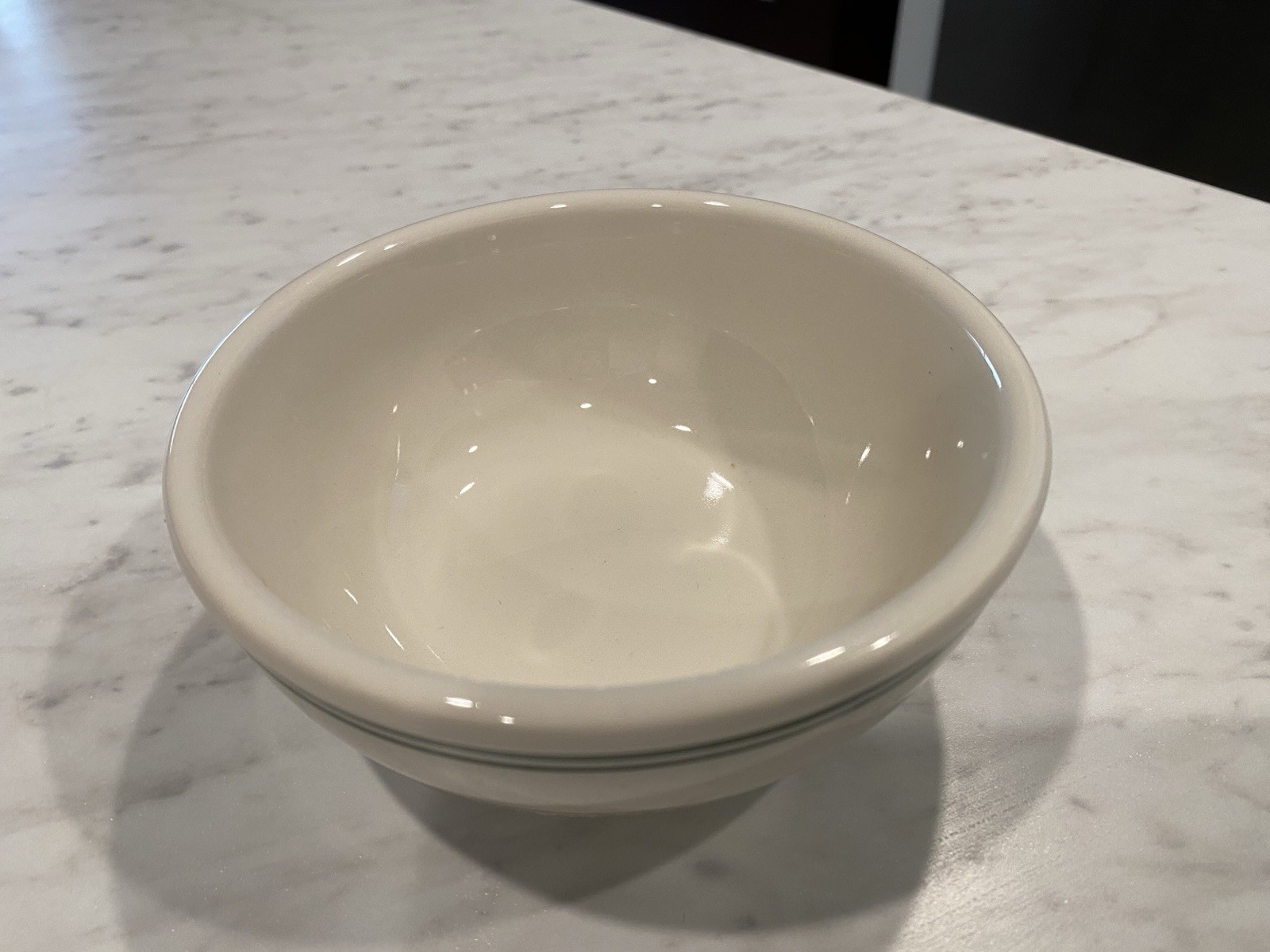 6 Each - 2005 Homer Laughlin Quality 5 1/8” 12.25 Z Green Band Ivory Nappy Bowls