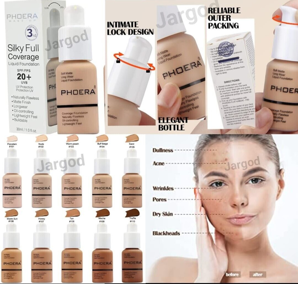 2 Pack Phoera Foundation Makeup Full Coverage Liquid Base Long Lasting Shade