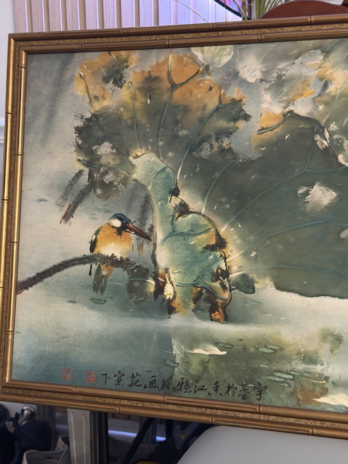 Asian Lotus Wall Art Framed Chinese Style Birds Bamboo Decor