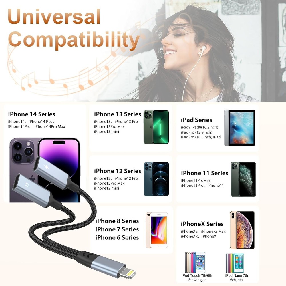 iPhone Splitter for Charging & Headphone Adapter to two Lighting MFi-Certified