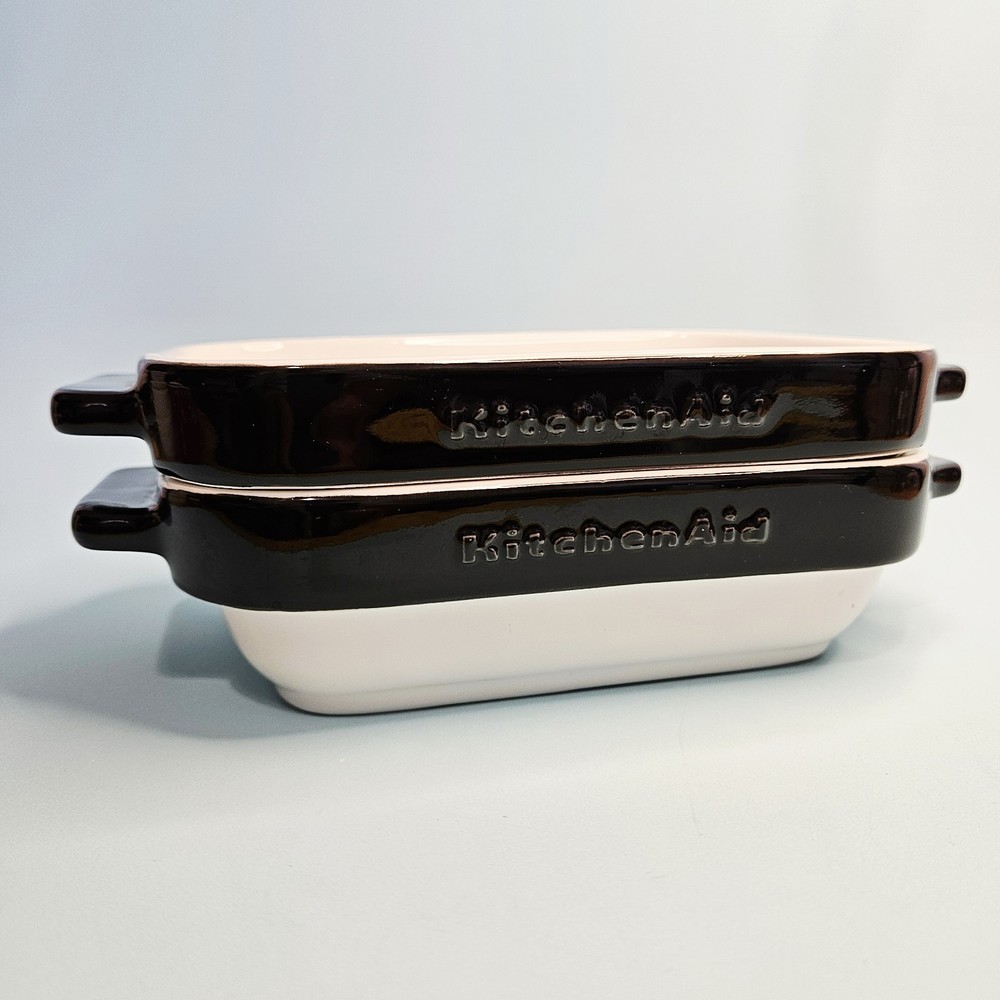 2 KitchenAid 16oz Single Serve Ceramic Mini Bakeware Set Black & White Rare