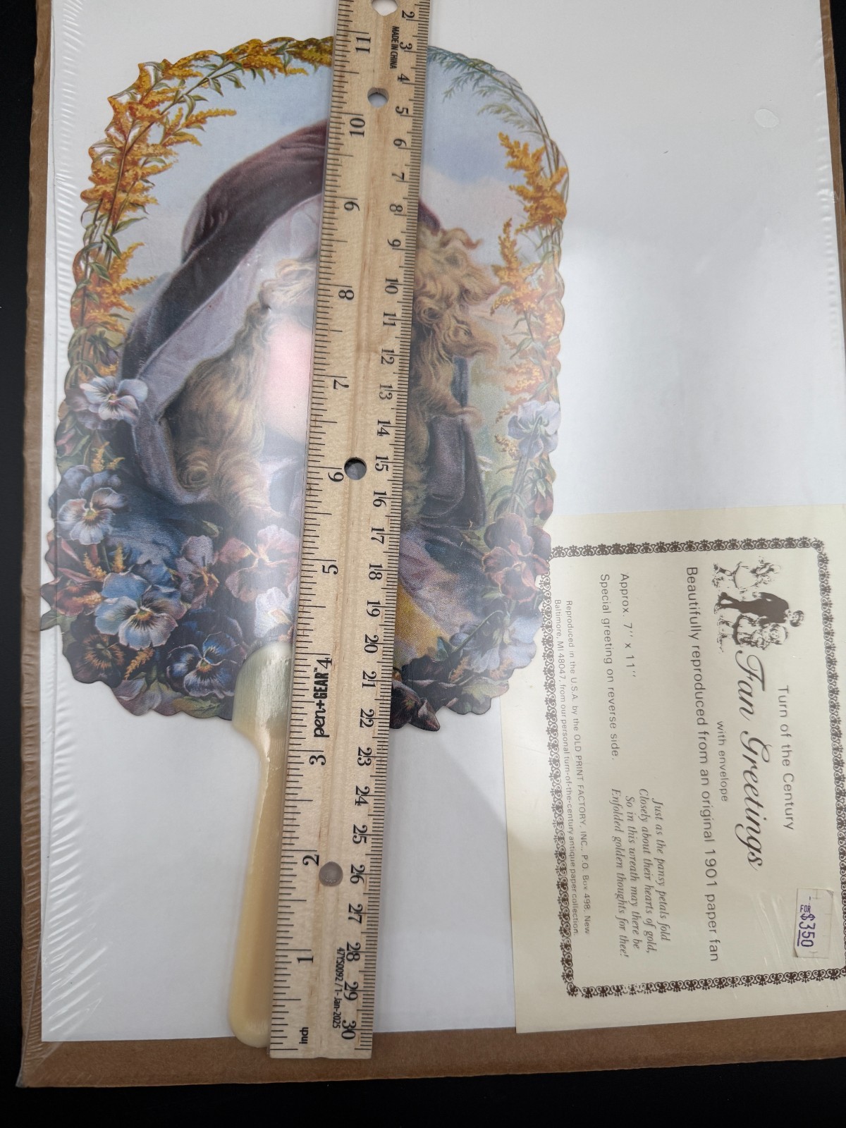 Vtg Old Print Factory Repro 1901 Paper Fan Victorian Girl Turn of the Century