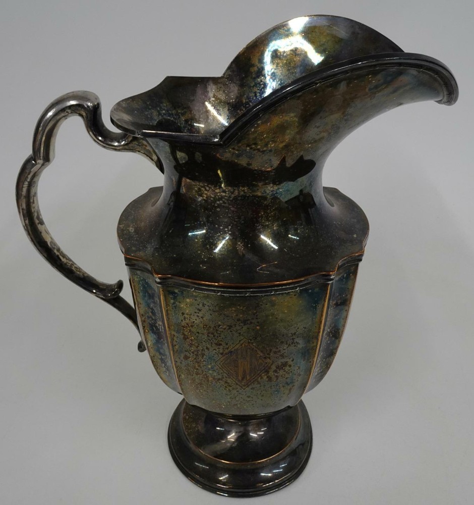 Sheffield United Kingdom Silverplate on Copper Large 12" Engraved EMW Pitcher
