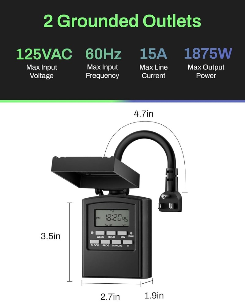 Weatherproof Digital Outdoor Timer with 8 Programs & Easy Push Button Control