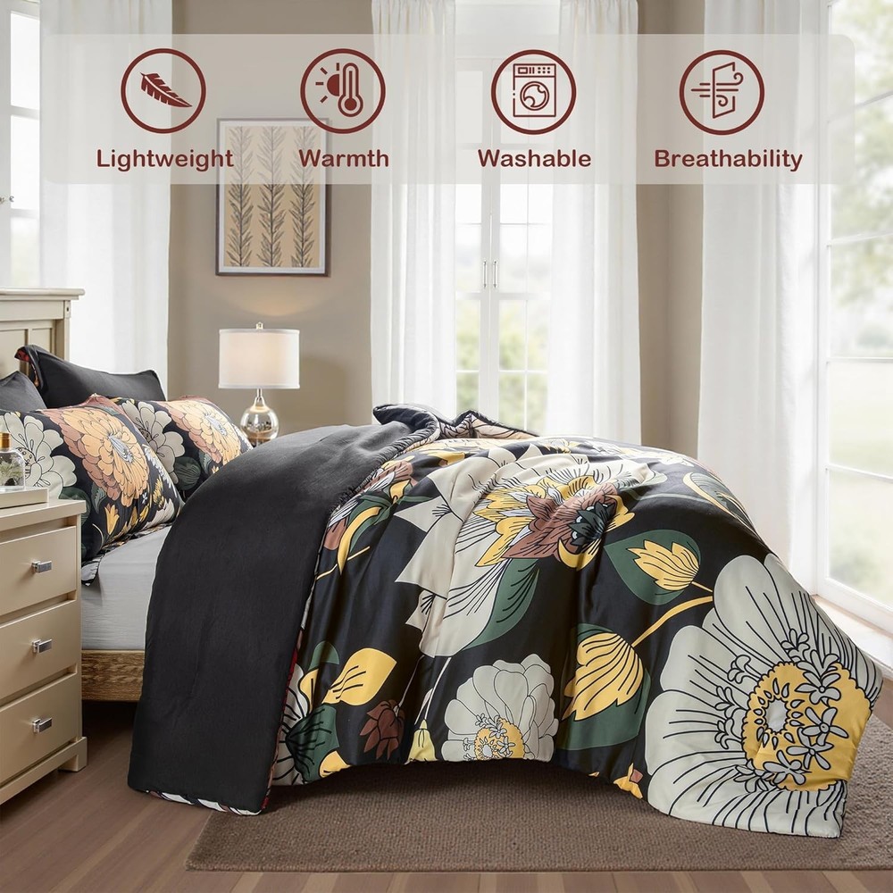 Black Boho Floral King Comforter Set 3Pc Reversible Bedding Set