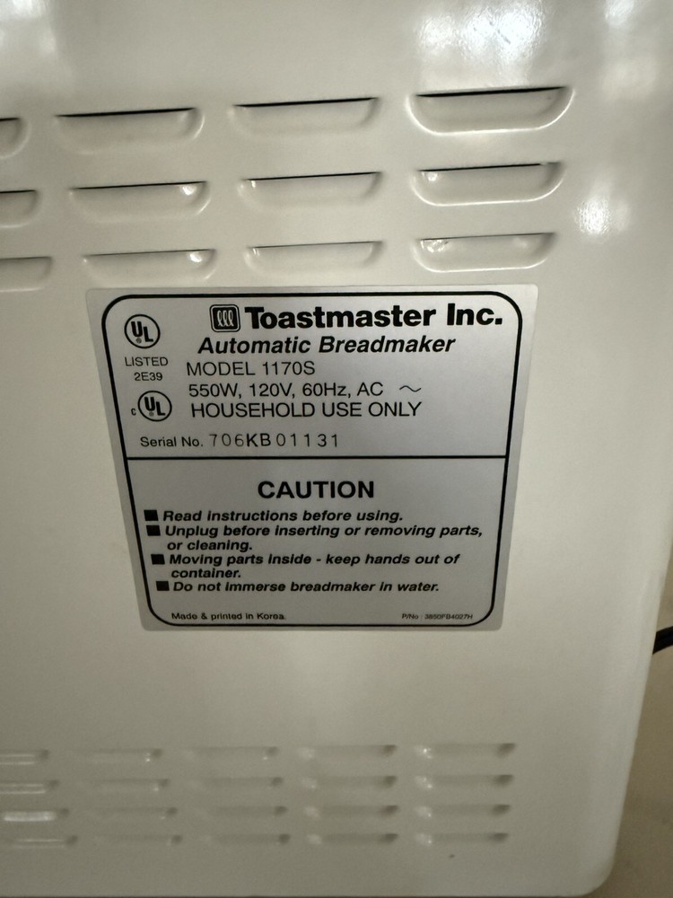 Toastmaster Corner Bakery Automatic Bread Maker Machine Model 1170S Butter Cover