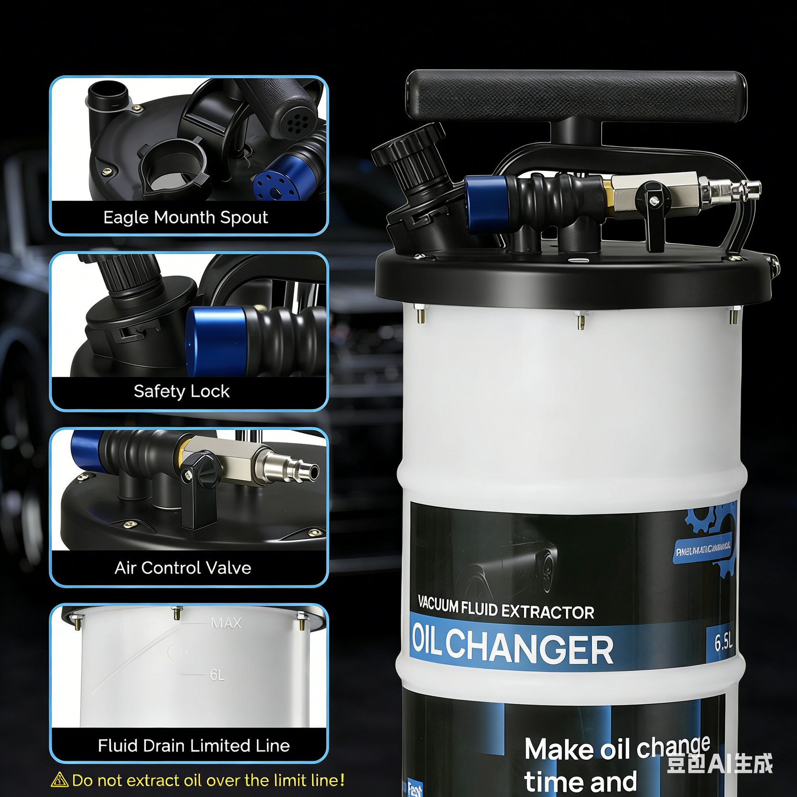 6.5L Fluid Extractor Pump Pneumatic Manual Oil Change Tool w/ 84.6" Hoses Blue