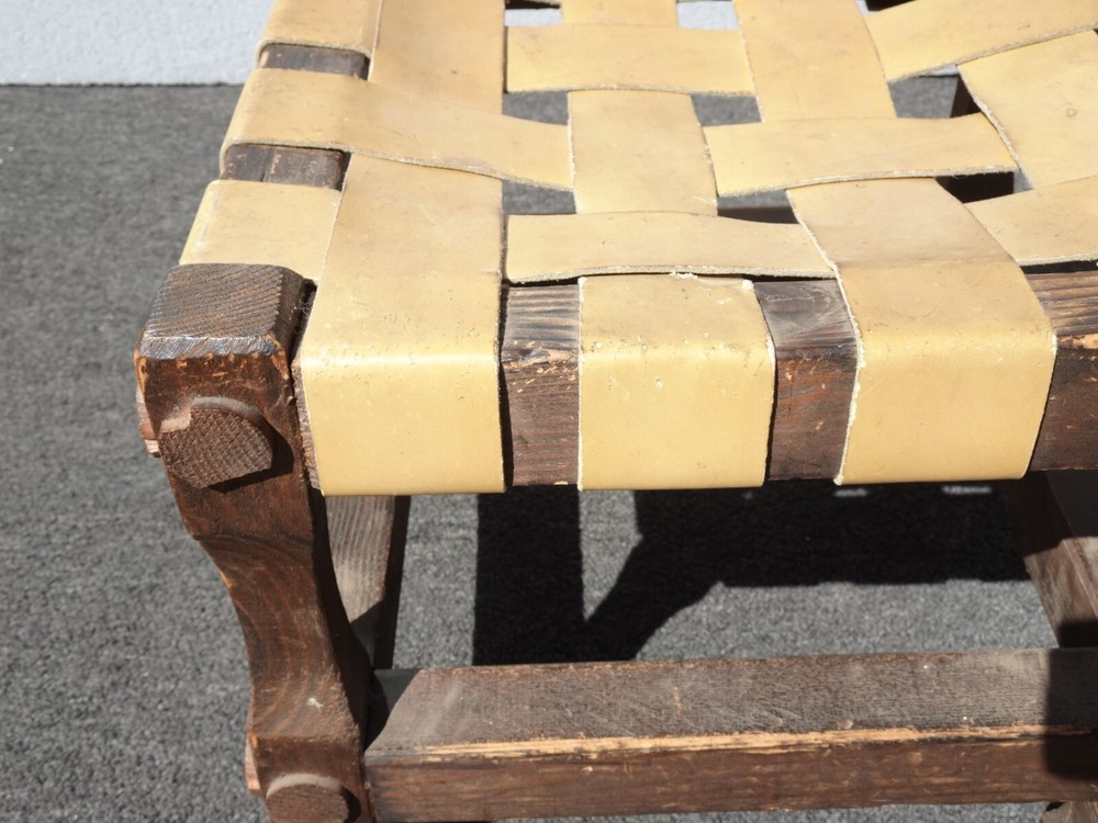 Vintage Rustic Spanish Style Stool Bench with Leather Straps
