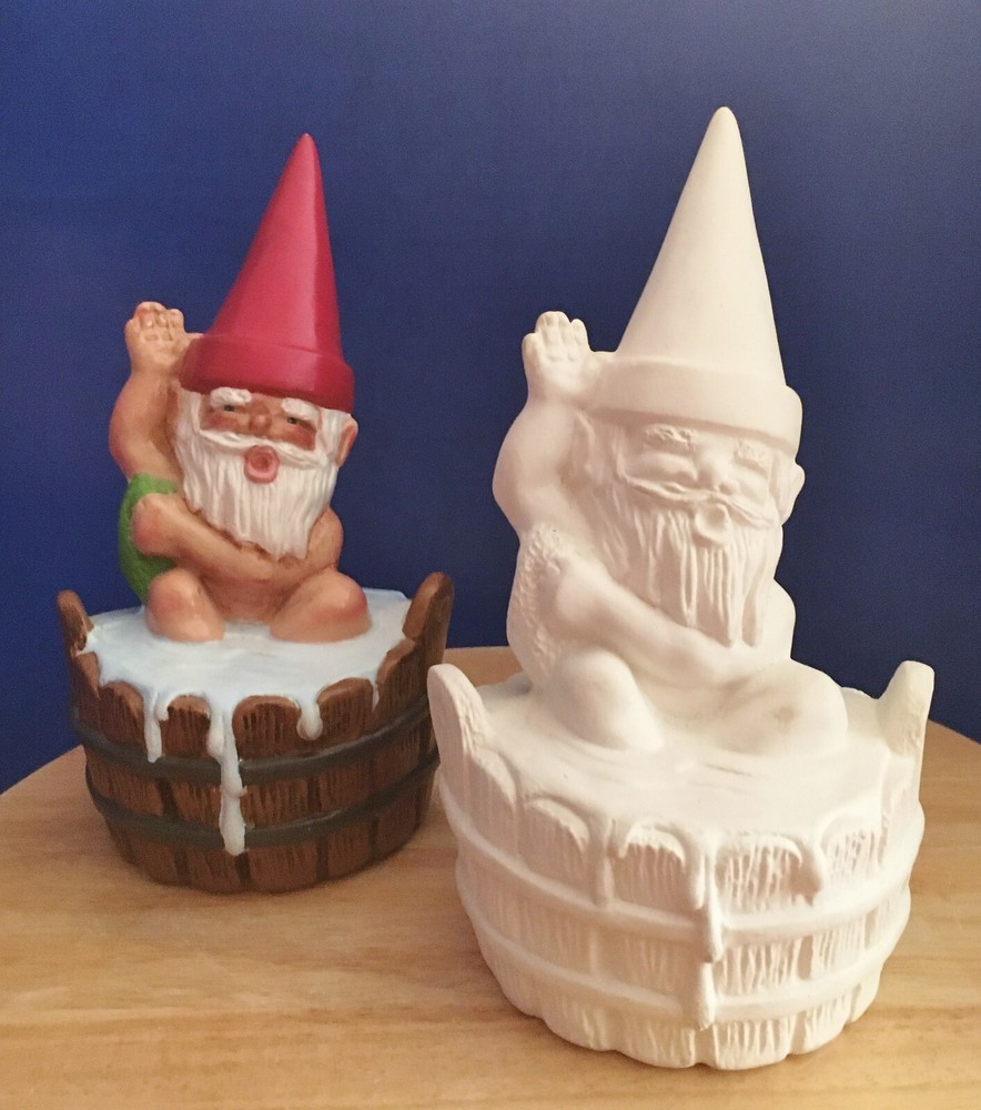 Gnome Taking a Bath Figurine-Unpainted Ceramic Bisque