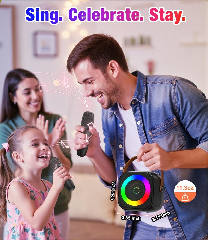Mini Karaoke Machine, Portable Bluetooth Speaker with 2 Wireless Microphones ...