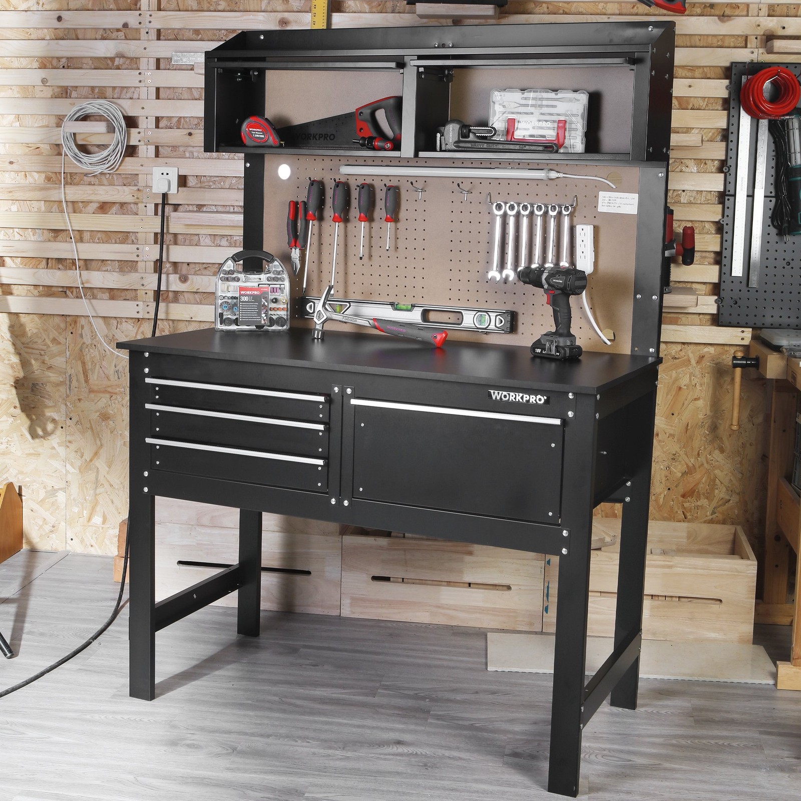 WorkPro 6713 2-in-1 48-Inch Workbench and Cabinet Combo With Light, Steel, Wood
