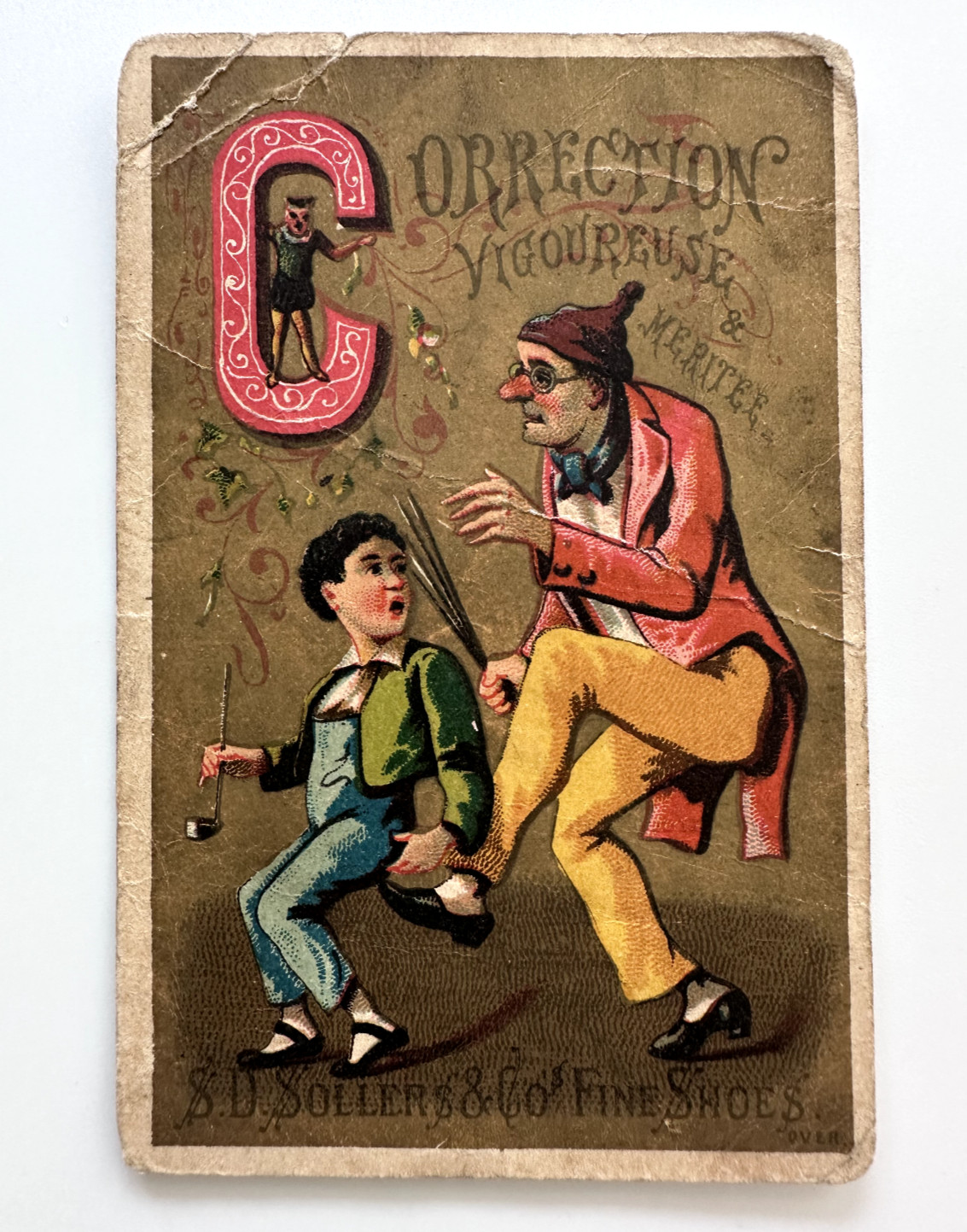 SOLLERS & CO FINE SHOES MISCHIEVOUS CHILD & ELDER VICTORIAN TRADE CARD - J785