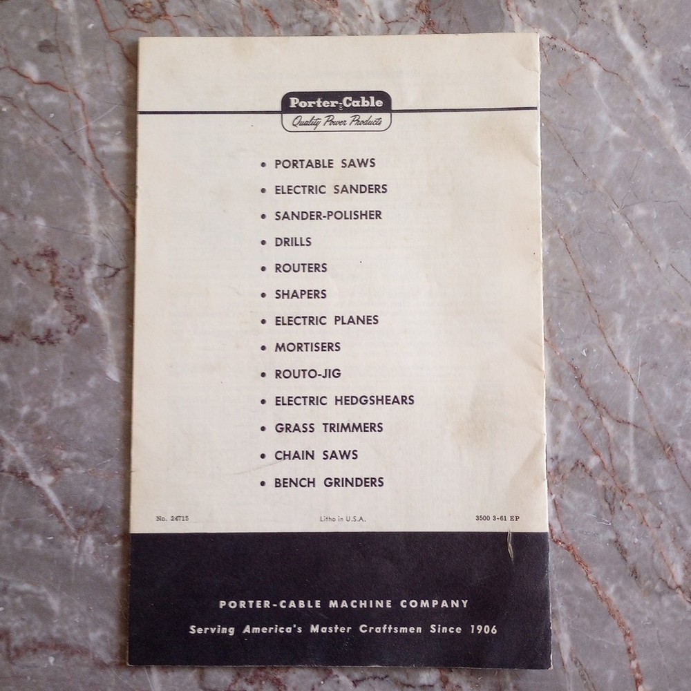 Vintage Porter-Cable Operating Instructions Plane Attachments Model 150-p Model