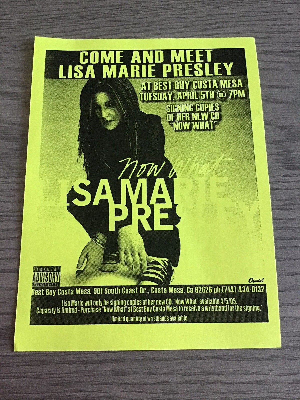 🔥RARE Lisa Marie Presley Yellow Paper Promo Best Buy Signing Flyer 4/5/2005🔥