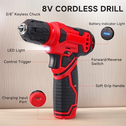 Tool Set - 8V Cordless Drill Set, 132 Piece Home Tool Set With Hand Drill, Red