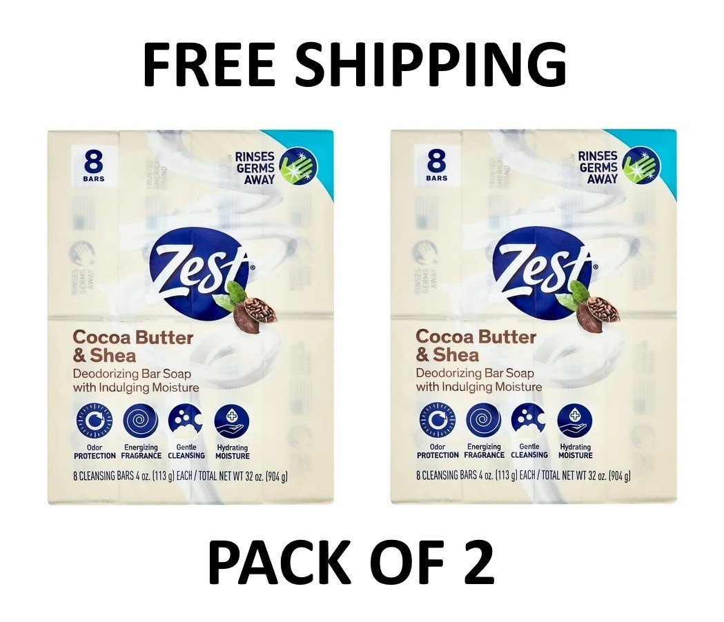 Zest Cocoa Butter & Shea Bar Soap, for All Skin Types, 4 oz, 8 Bars 2 Pack