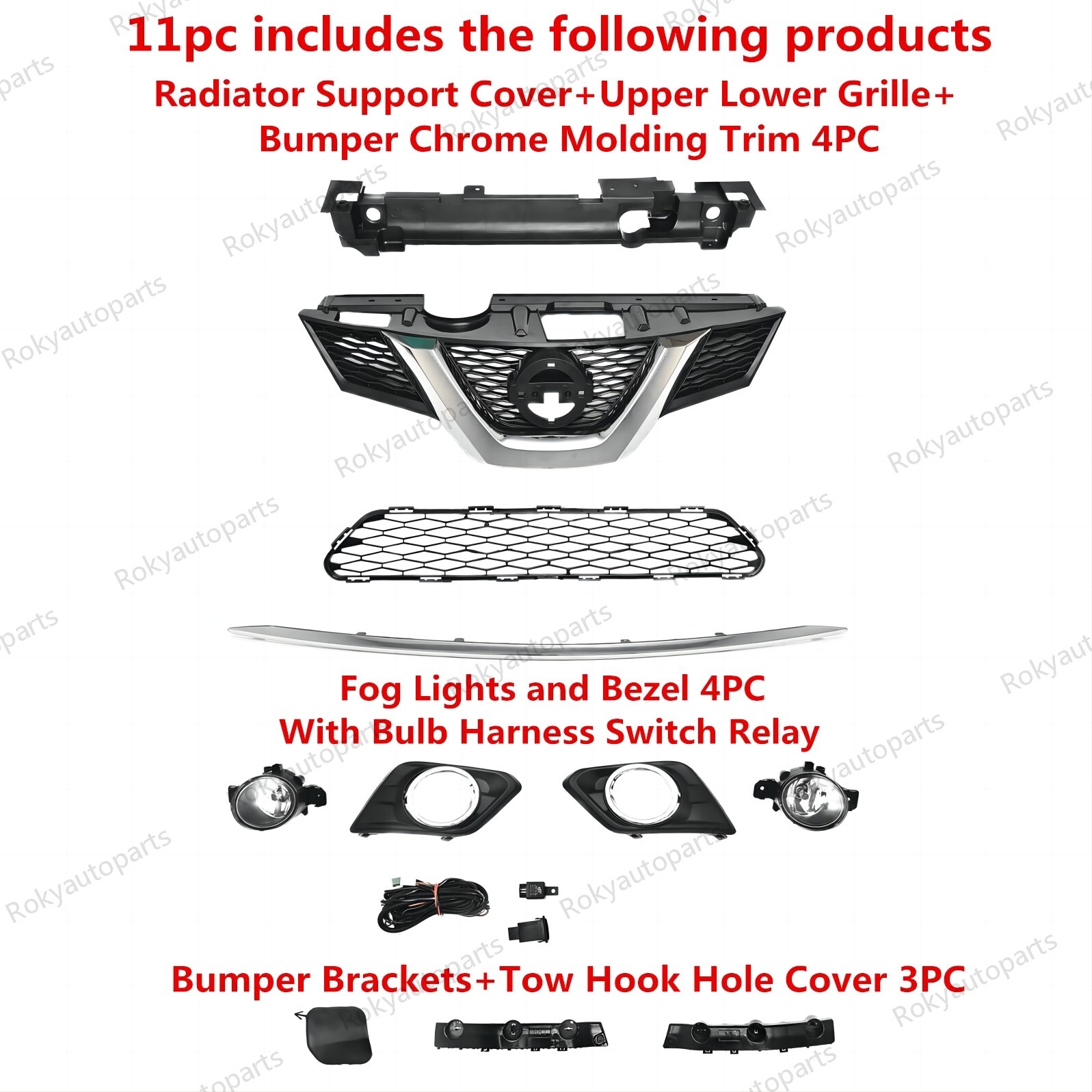 11PC For Rogue 2014-2016 Upper Grille Lower Mesh Chrome Molding Trim Fog lights