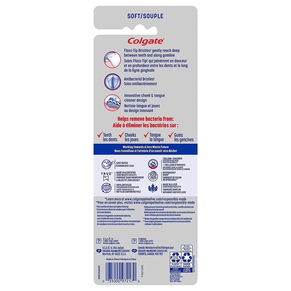 Colgate 360 Advanced Floss-Tip Toothbrush 4 pack (Soft Brittles)