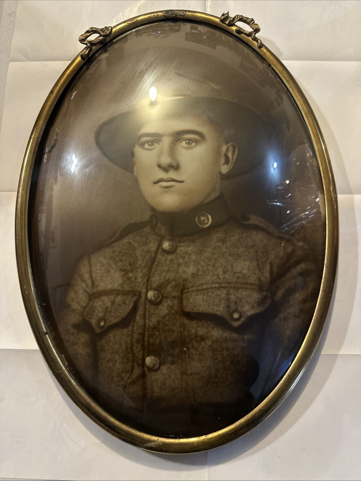 World War I WWI US ARMY SOLDIER In Bubble Glass Frame 20 Inches X 14.5 Inches