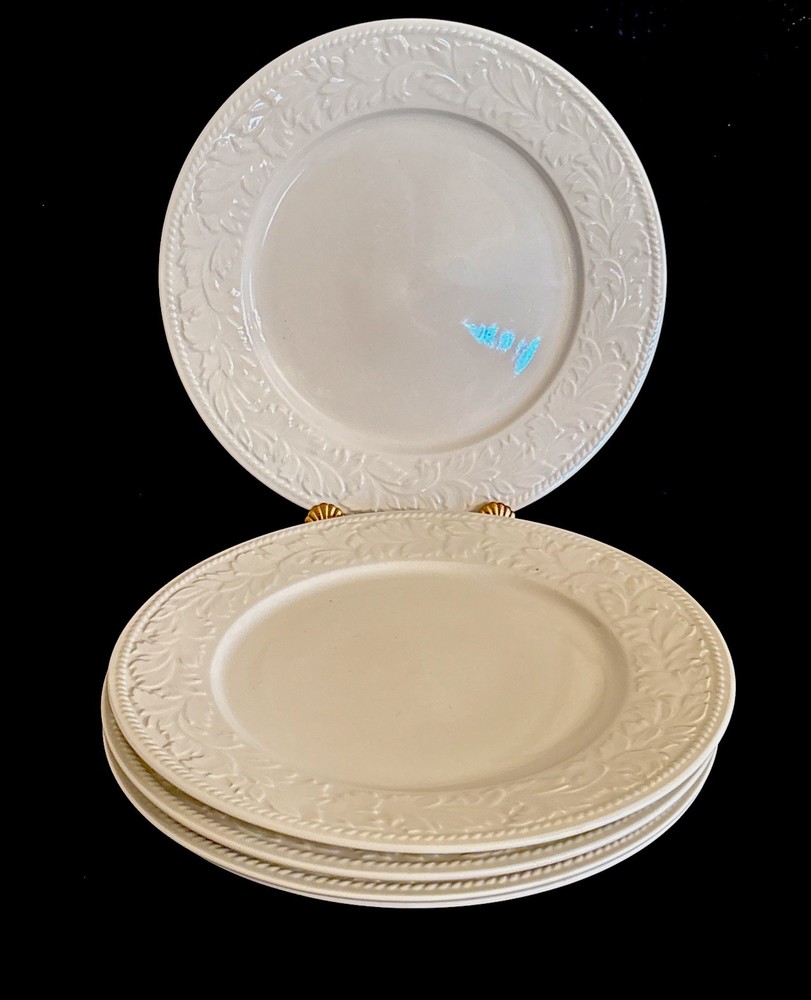SANGO STONEWARE GARLAND 8837 EMBOSSSED LEAF PATTERN WHITE 6 DINNER PLATES 10.5"