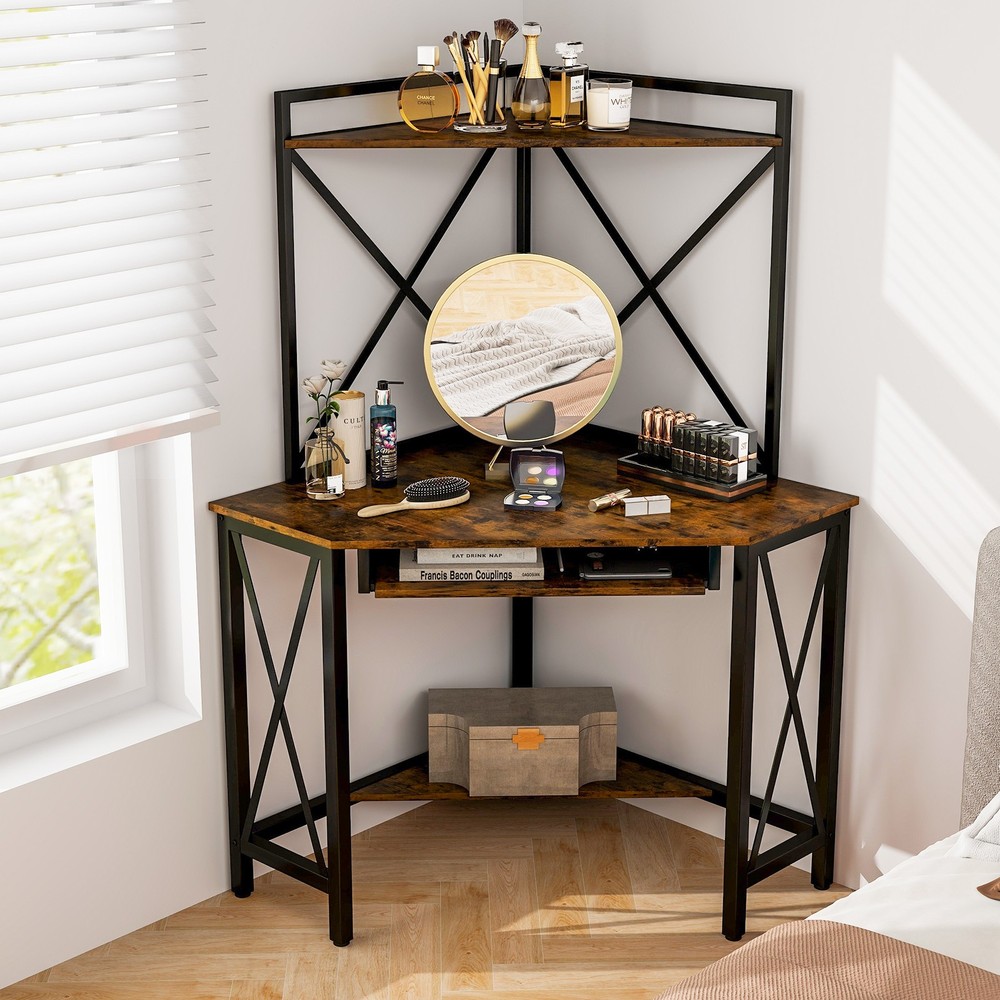 Corner Desk Space-Saving Computer Desk w/ Shelves & Keyboard Tray Rustic Brown