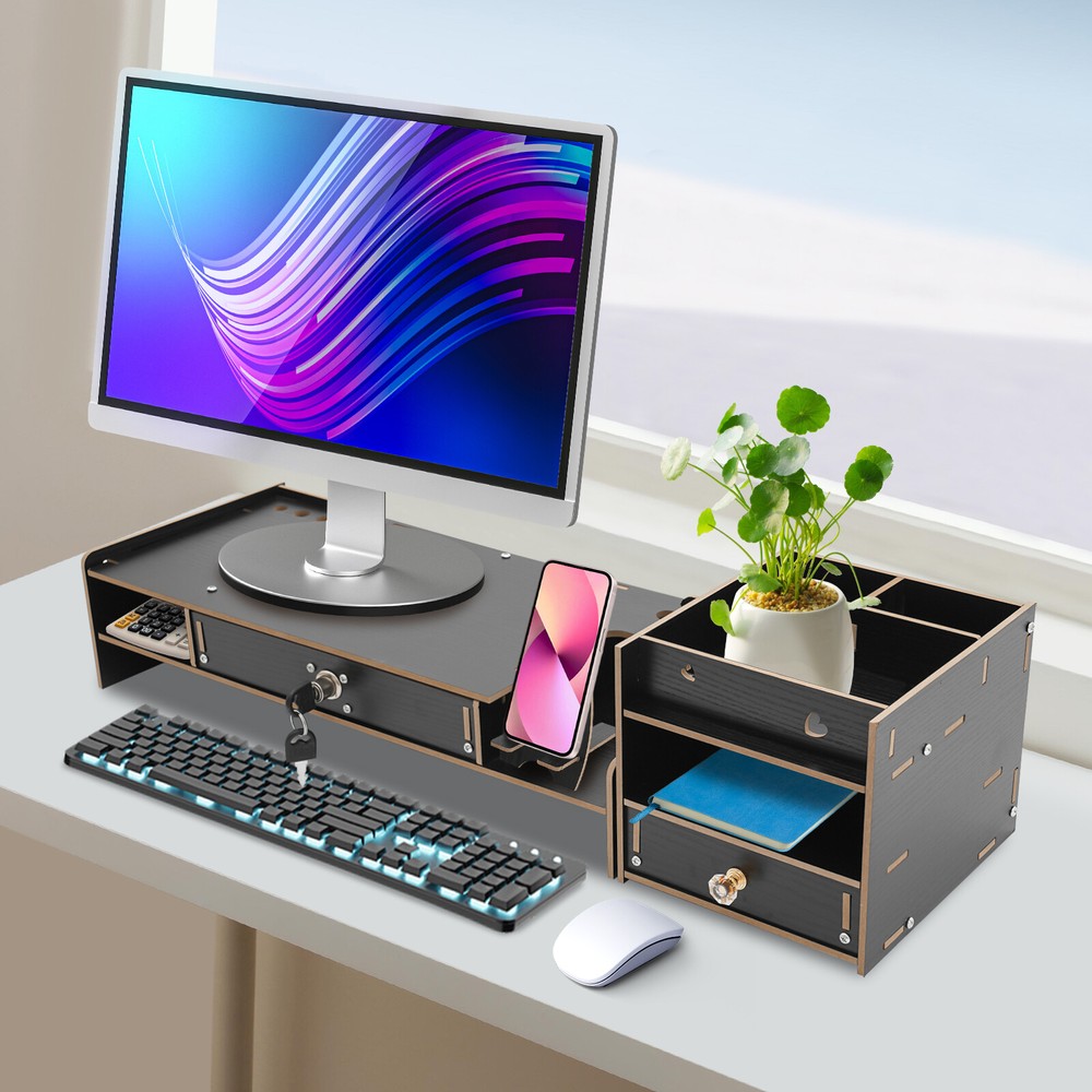 Monitor Stand Riser W/ Storage Organizer & Lock Drawer for Home Office Computer