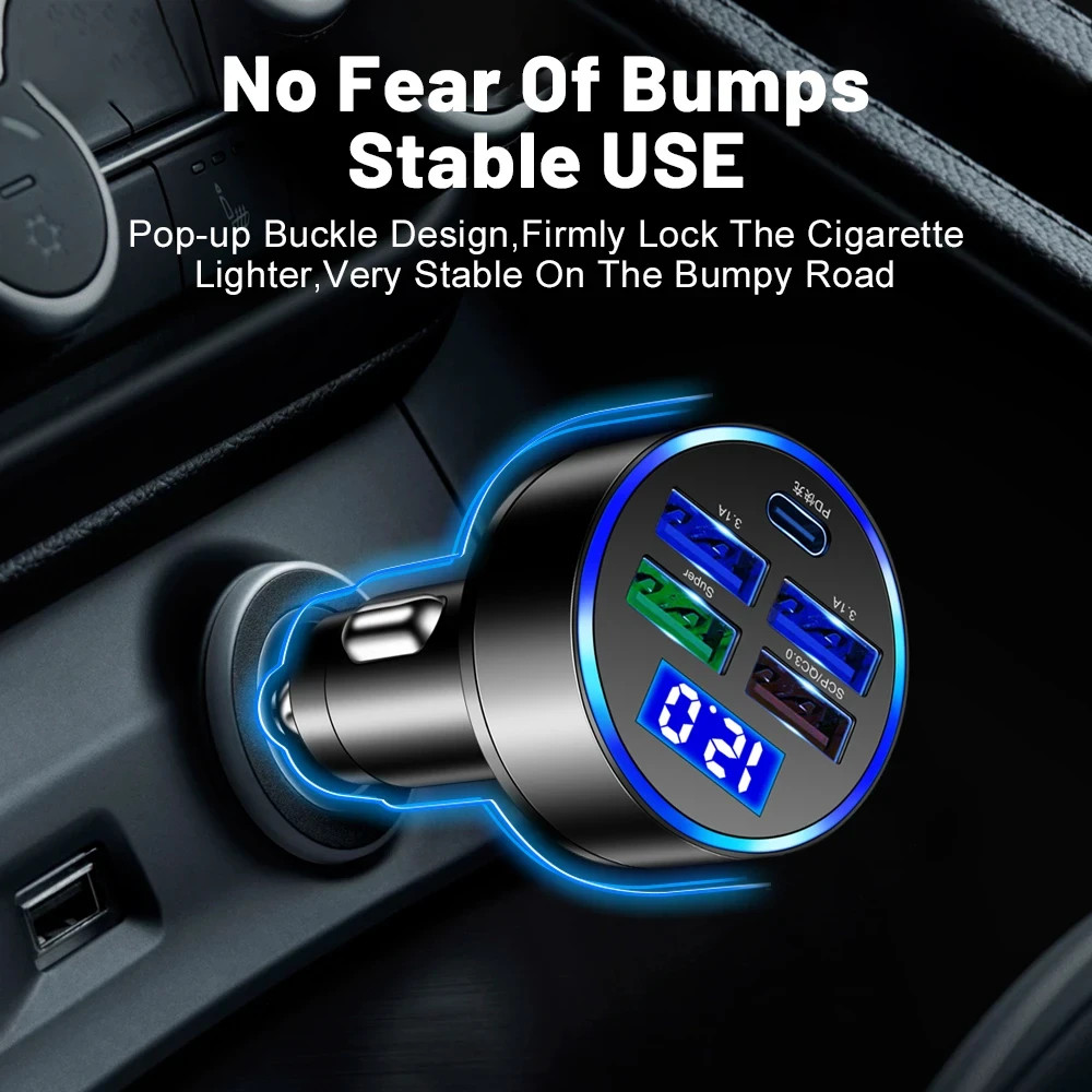 Super Fast Car Charger Adapter USB 5-Port Voltmeter for iPhone Samsung Android
