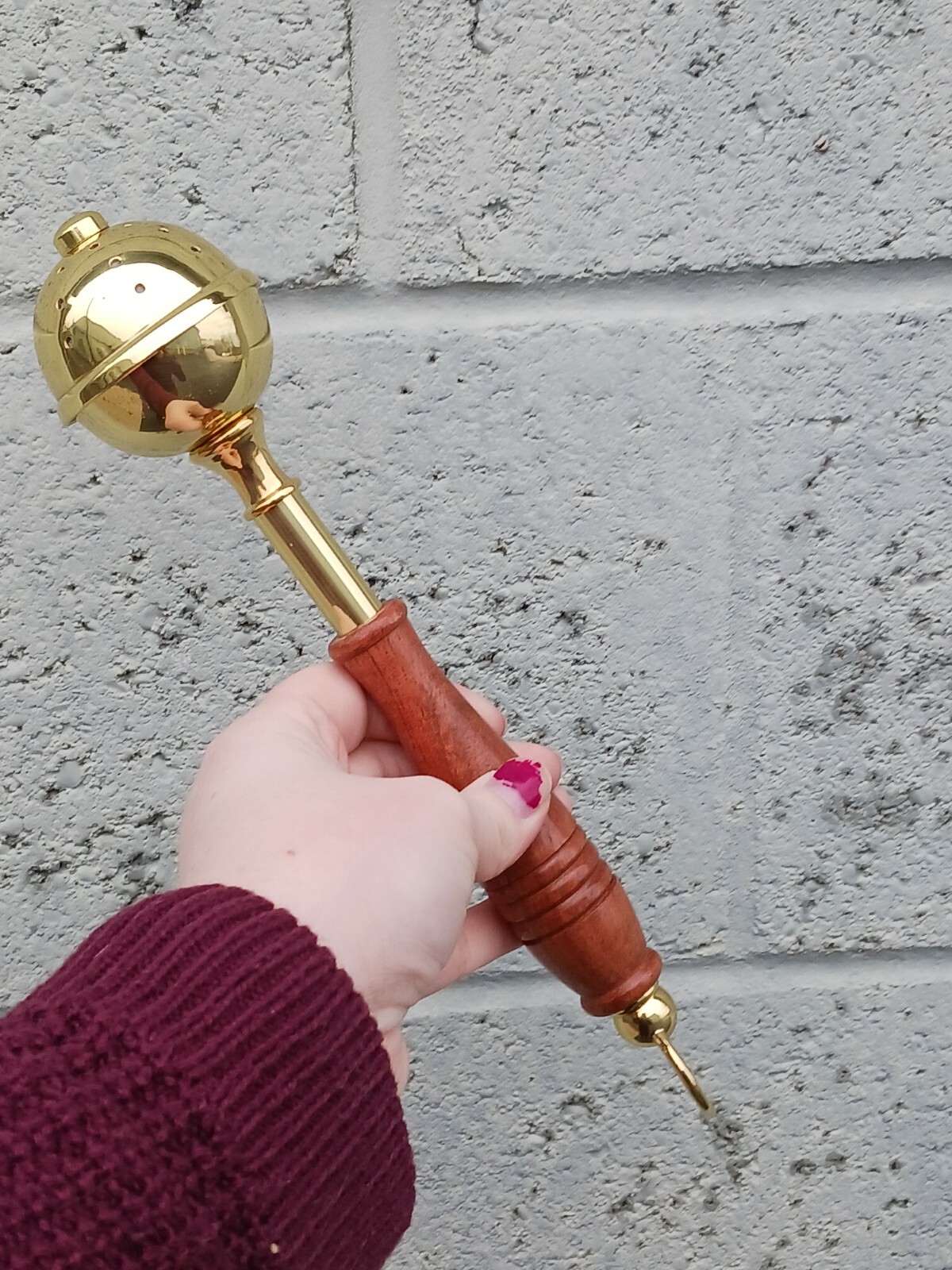 High Polished Brass Wood Handle Holy Water Sprinkler for Catholic Church 10 Inch