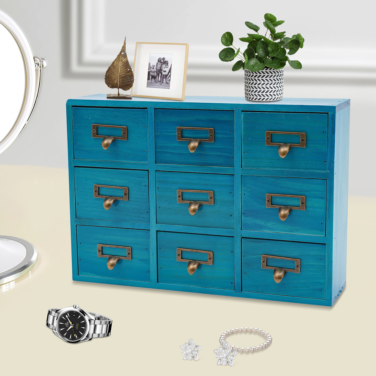 9 Drawers Apothecary Cabinet Case Wooden Desk Drawer Organizer Herb Storage Box