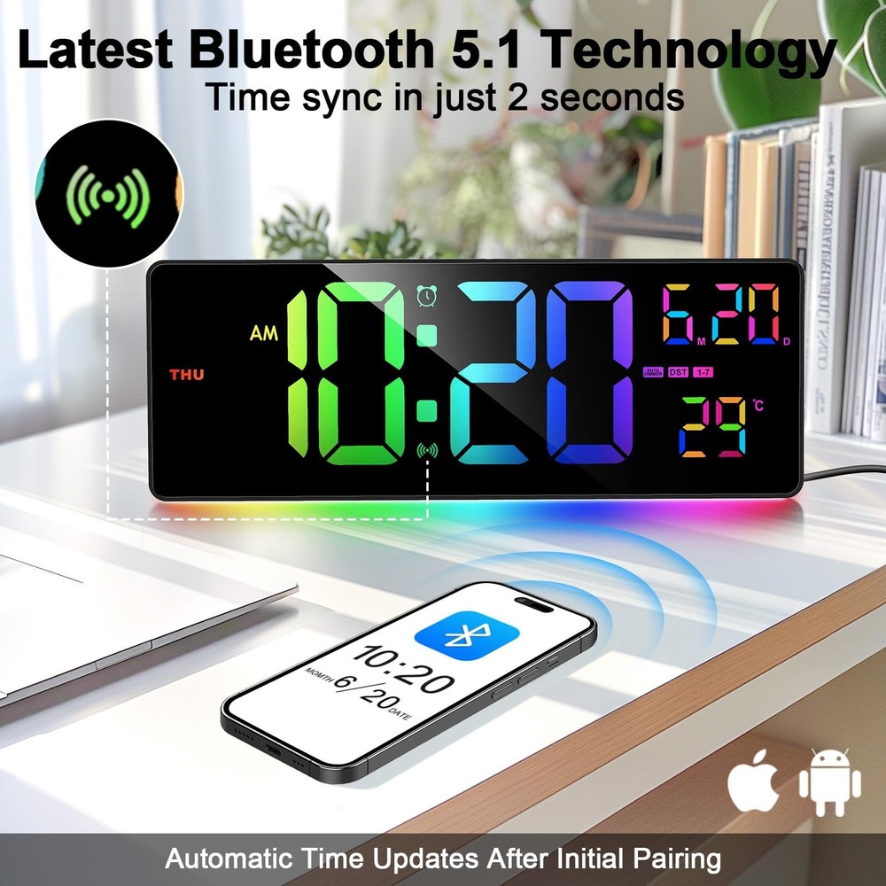 16" Bluetooth Large Digital Wall Clock/Auto Time Sync, 10 RGB Colors Digital ...